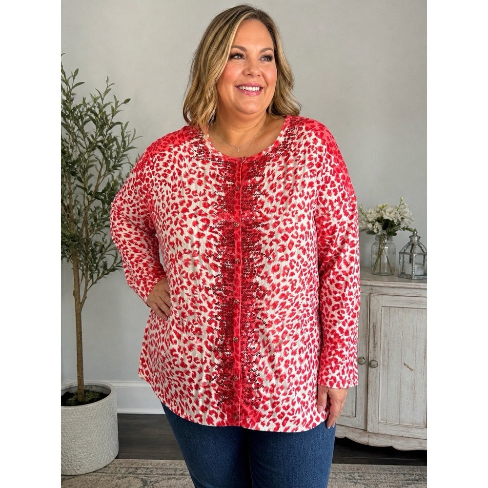 Quacker Factory Women's 2X Pink Red Leopard Print Sequin Embellished Cardigan